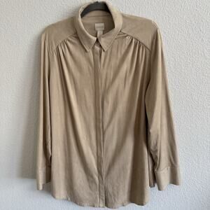 Chicos Women’s Size XL (3)Tan Faux Suede Hidden Button Long Sleeve Blouse Shirt